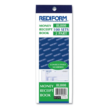 Rediform Receipt Book, 7x2 3/4, Carbonless Dupl 8L800